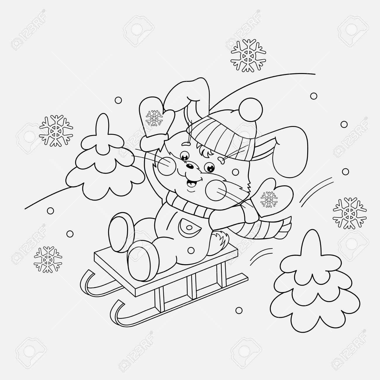 Coloring page outline of a happy bunny sledding royalty free svg cliparts vectors and stock illustration image