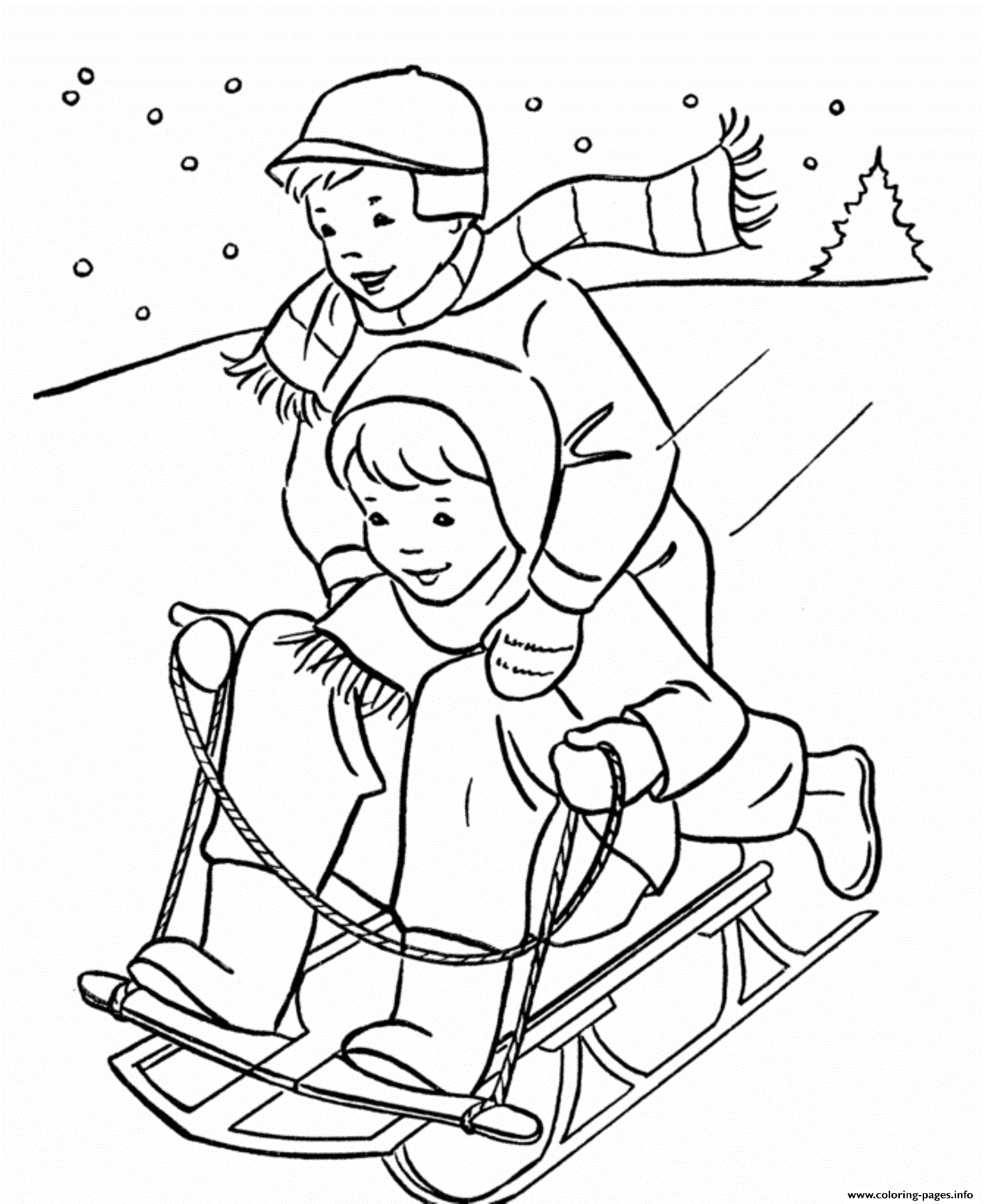 Kids playing sled in the winter s coloring page printable