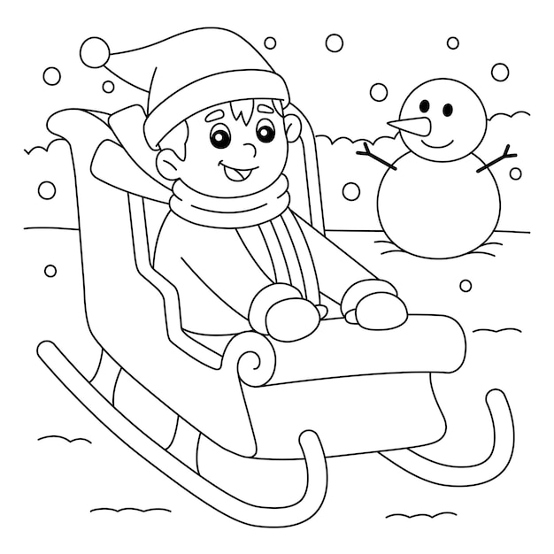 Premium vector christmas boy riding on sleigh coloring page