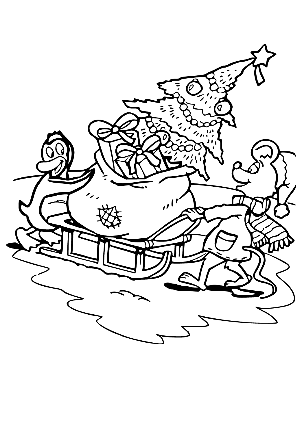 Free printable christmas tree sled coloring page sheet and picture for adults and kids girls and boys