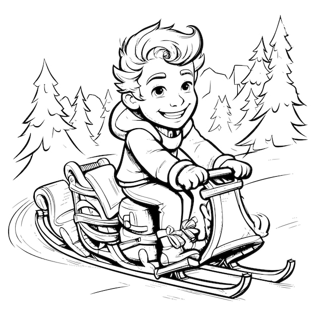 Premium vector boy riding on sleigh coloring page for kids