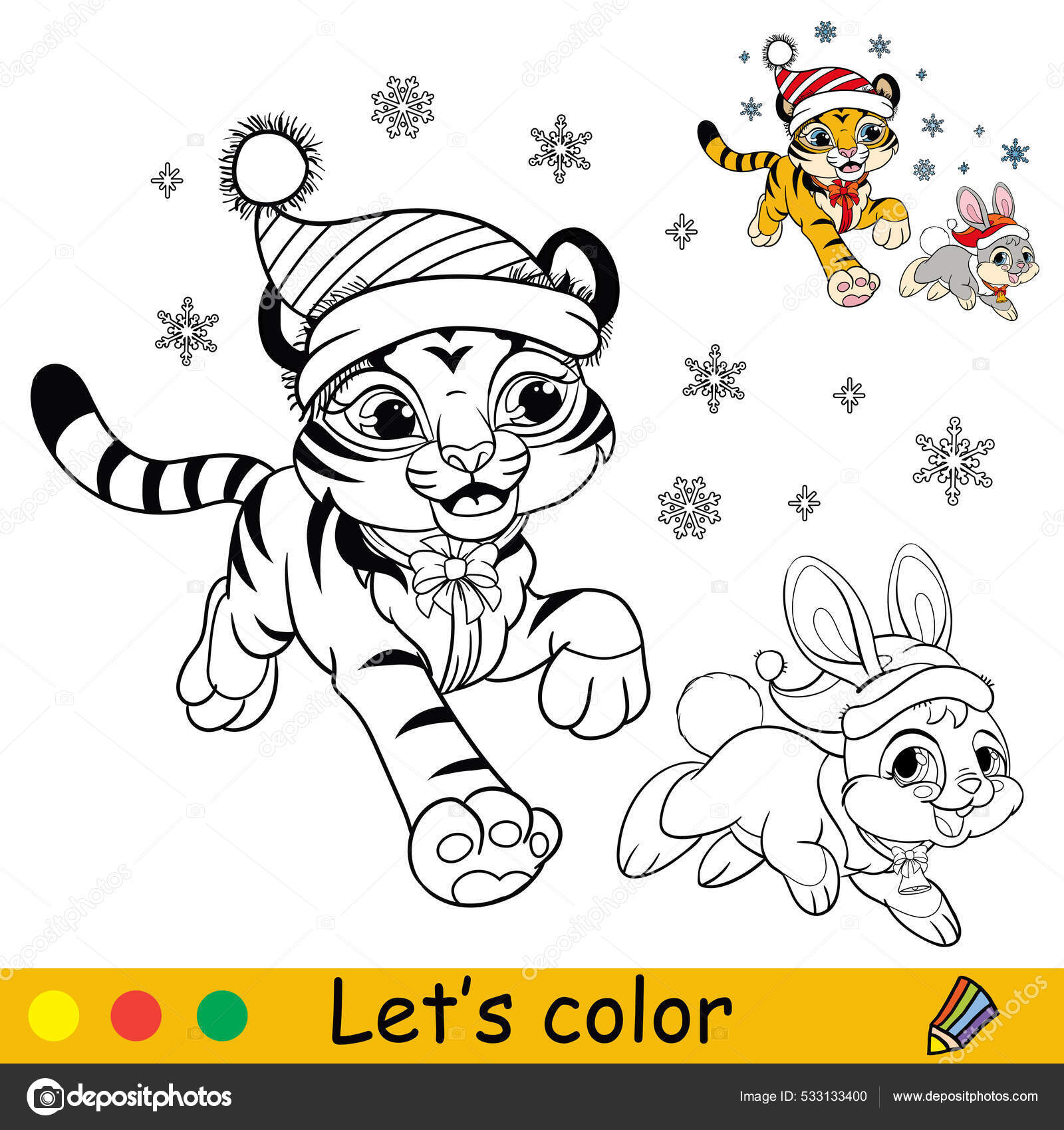 Coloring page cute christmas tiger cub runs rabbit cartoon character stock vector by alinart