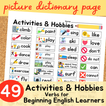 Esl vocabulary page hobbies activities action verbs emoji picture dictionary