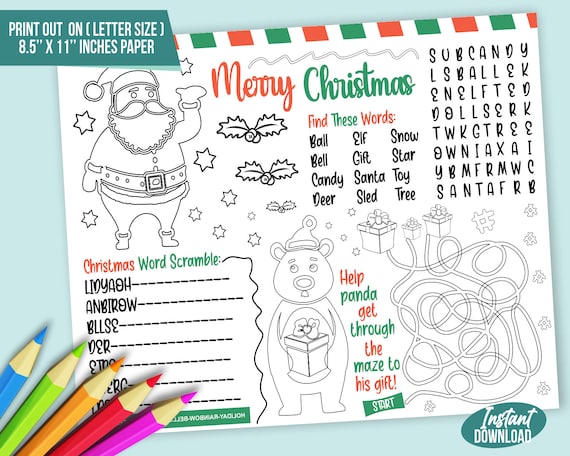 Christmas activity placemat printable christmas placemat for kids christmas coloring sheet printable holiday activity mat