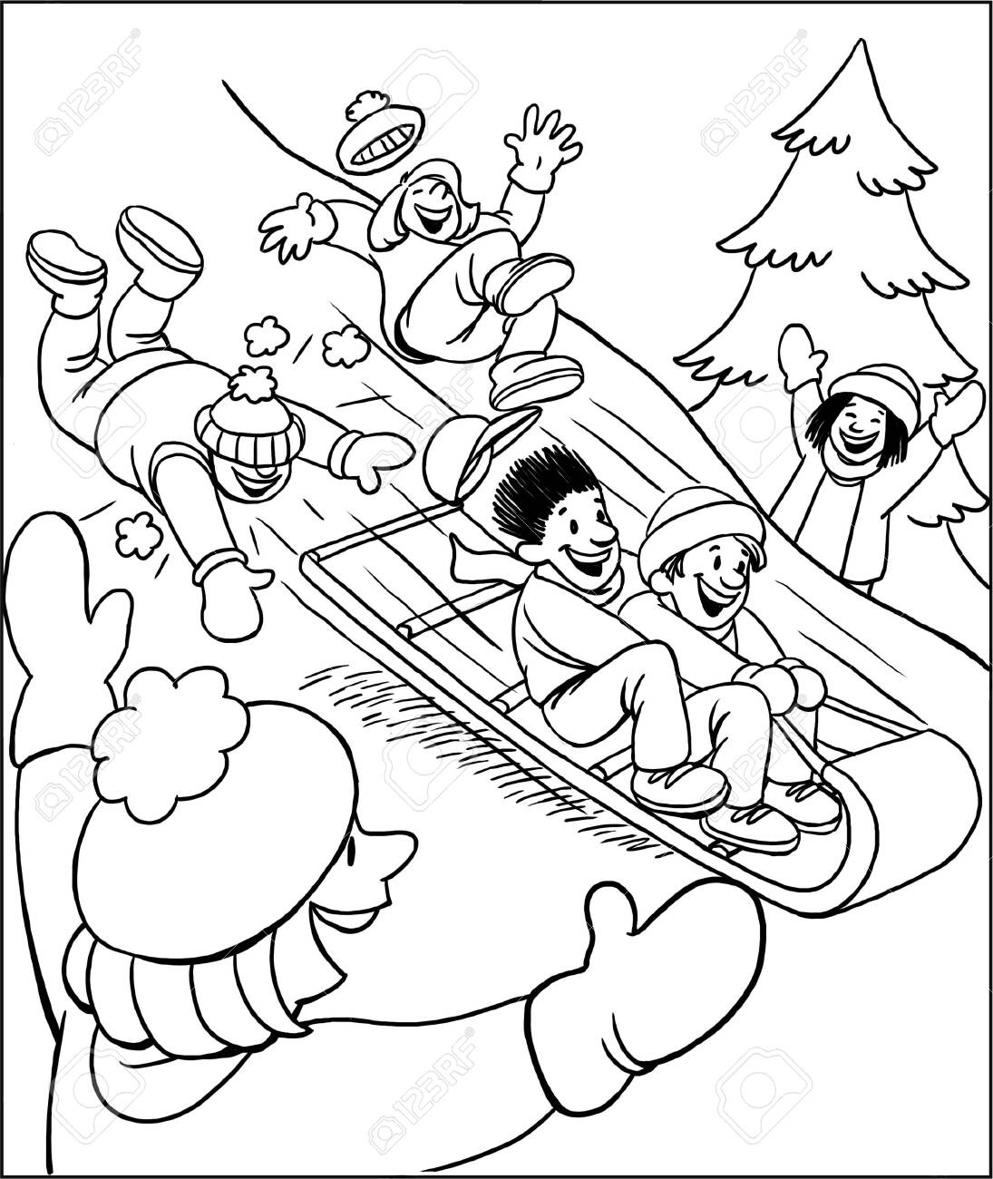 Coloring page of children sledding in snow stock photo picture and royalty free image image