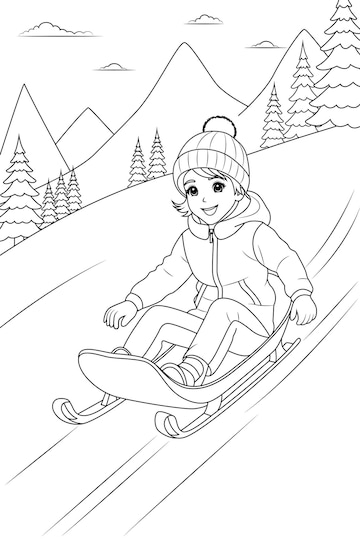 Premium vector coloring page a sledding adventure down a snowy hill of a child