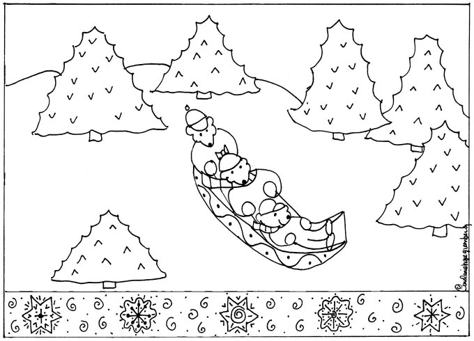 Sledding coloring page with snowflake puppets