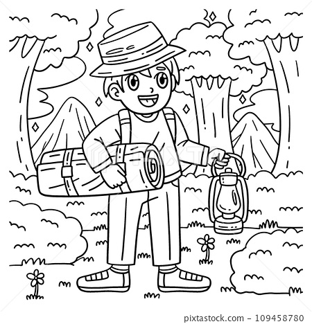 Camping camper with sleeping bag coloring page