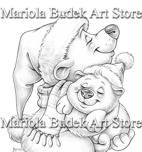 Winter sleep mariola budek coloring page printable adult kids cute animal colouring pages instant download grayscale illustration pdf