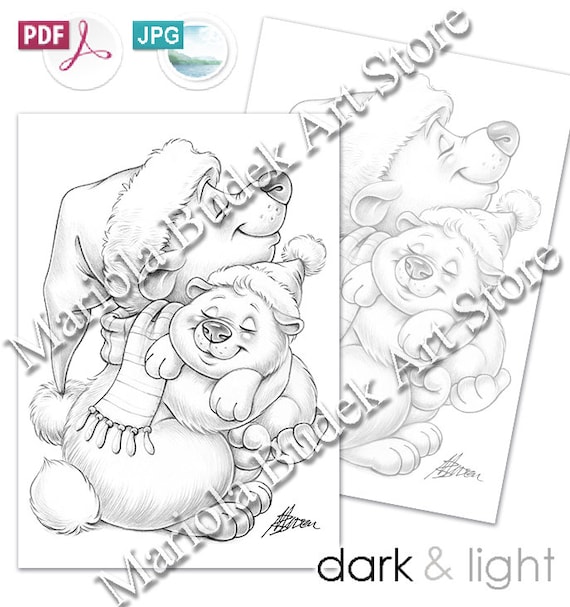 Winter sleep mariola budek coloring page printable adult kids cute animal colouring pages instant download grayscale illustration pdf