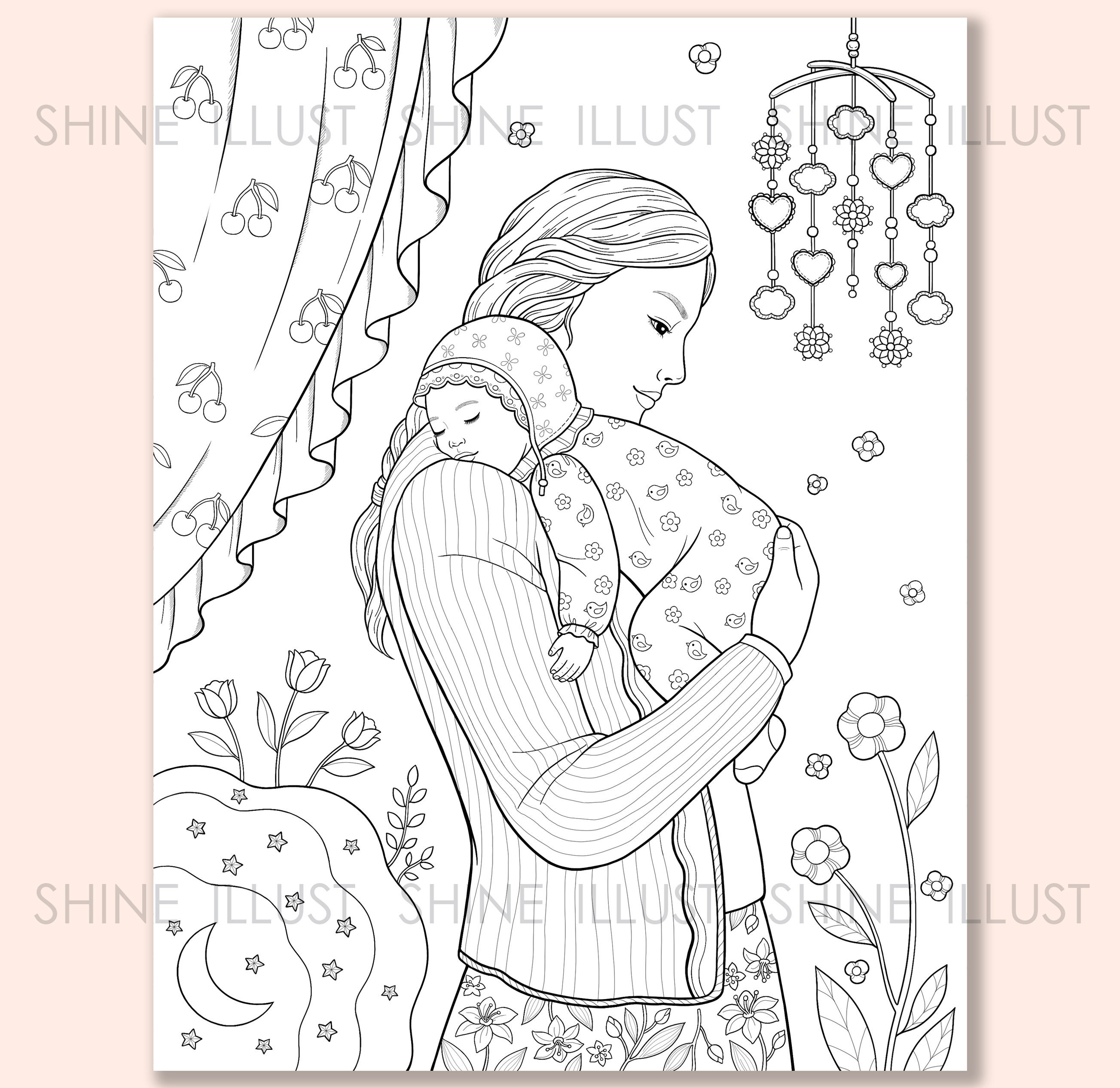 Mom and baby sleeping baby printable coloring page coloring sheet baby room coloring page coloring baby coloring print