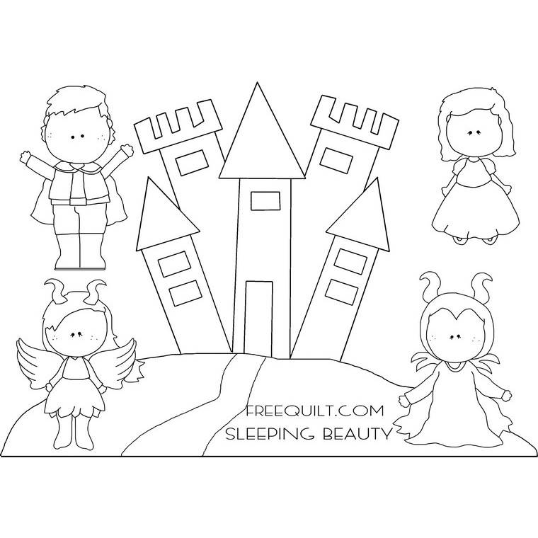 Sleeping beauty characters coloring page printable line art