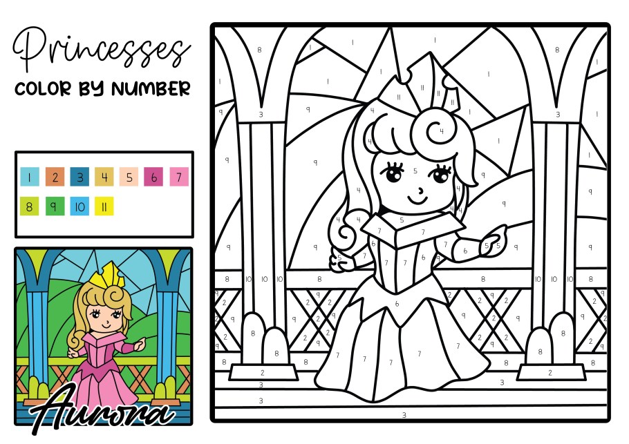 Free printable disney princess lor by number pages