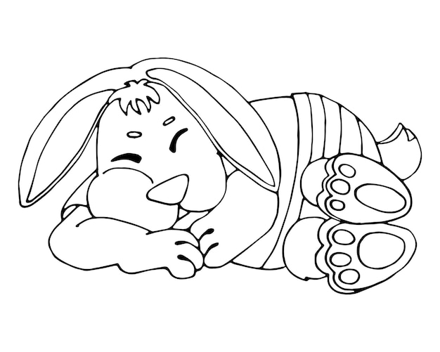 Premium vector sleeping baby rabbit linear black and white image coloring page