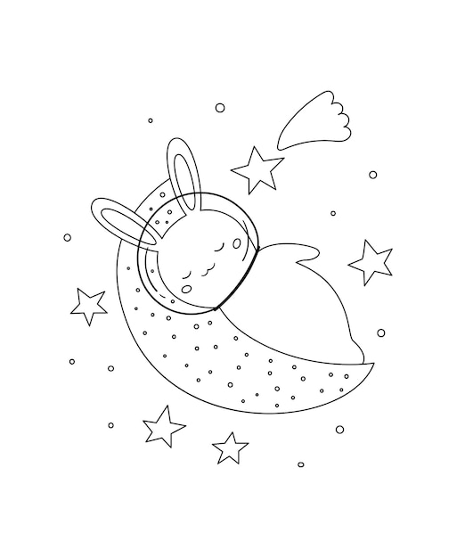 Premium vector coloring page with sleepy bunny on moon and stars