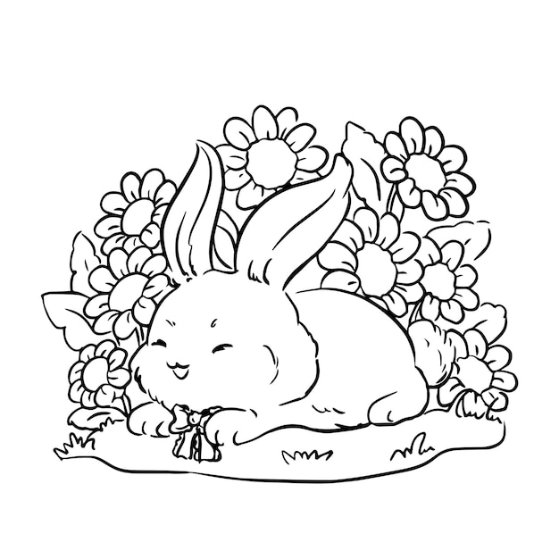 Premium vector chubby rabbit sleeping on the flower garden