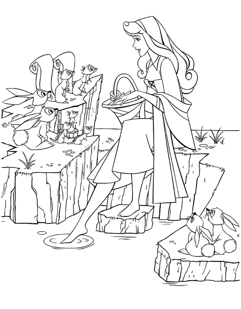 The sleeping beauty and animals coloring page