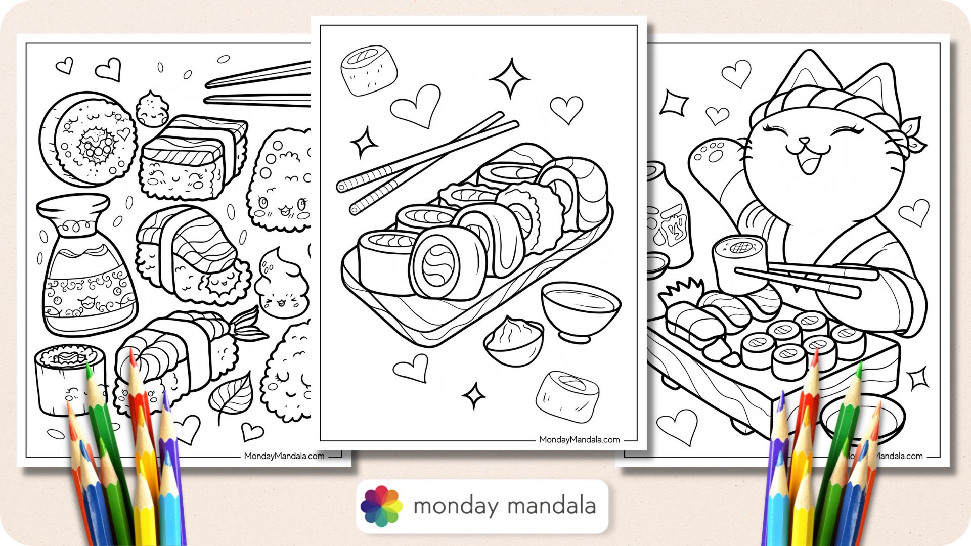 Sushi coloring pages free pdf printables