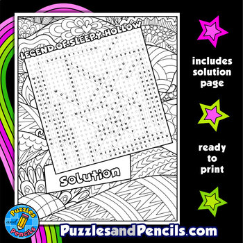 The legend of sleepy hollow word search with coloring middle school literature