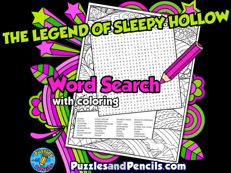 Legend of sleepy hollow word search puzzle activity page with colouring teaching resources