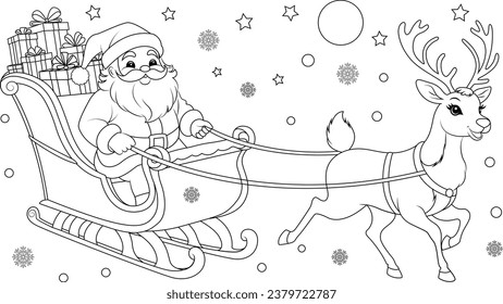 Coloring page reindeer pulling santas sleigh stock vector royalty free