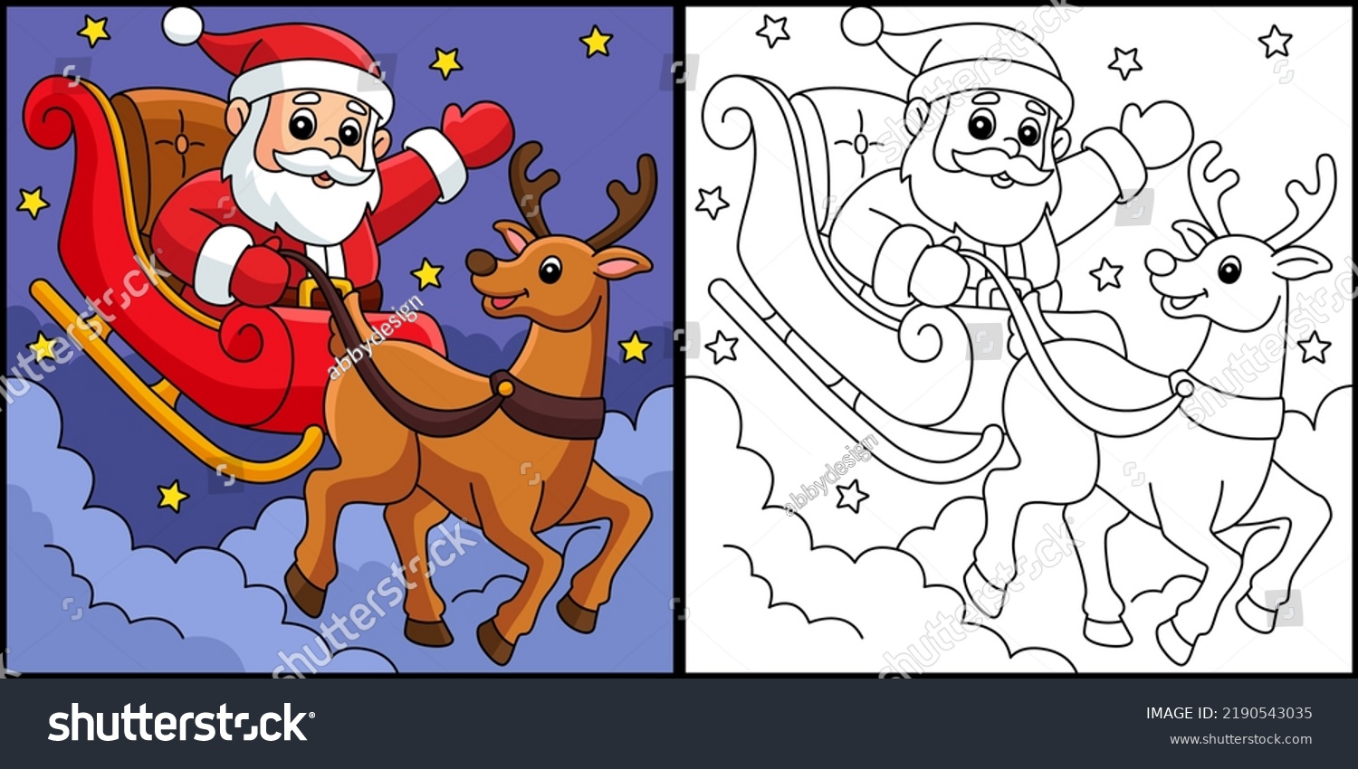 Christmas santa sleigh reindeer coloring page stock vector royalty free