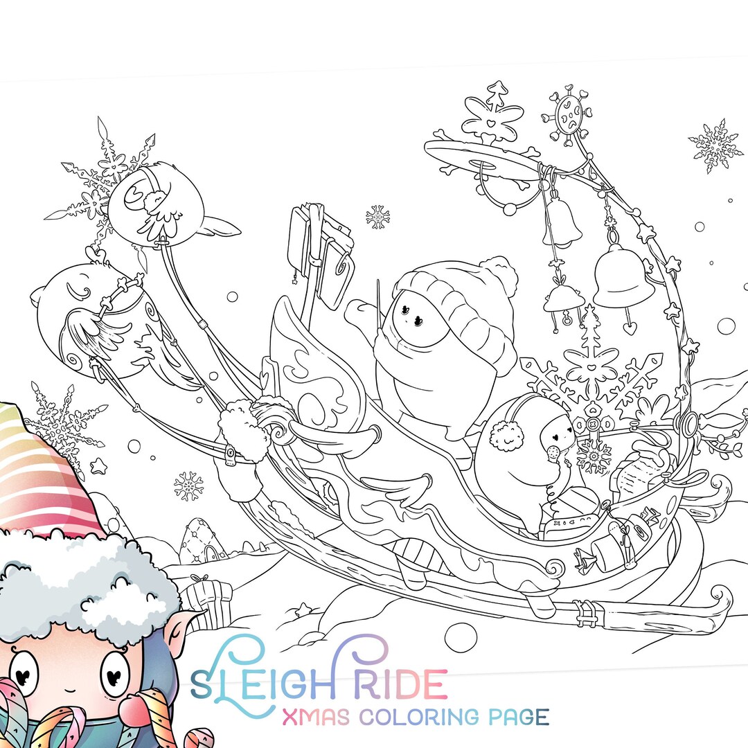 Christmas coloring page sleigh ride cute winter adult coloring page kawaii santa birds doodle digital download pdf printable by jen katz