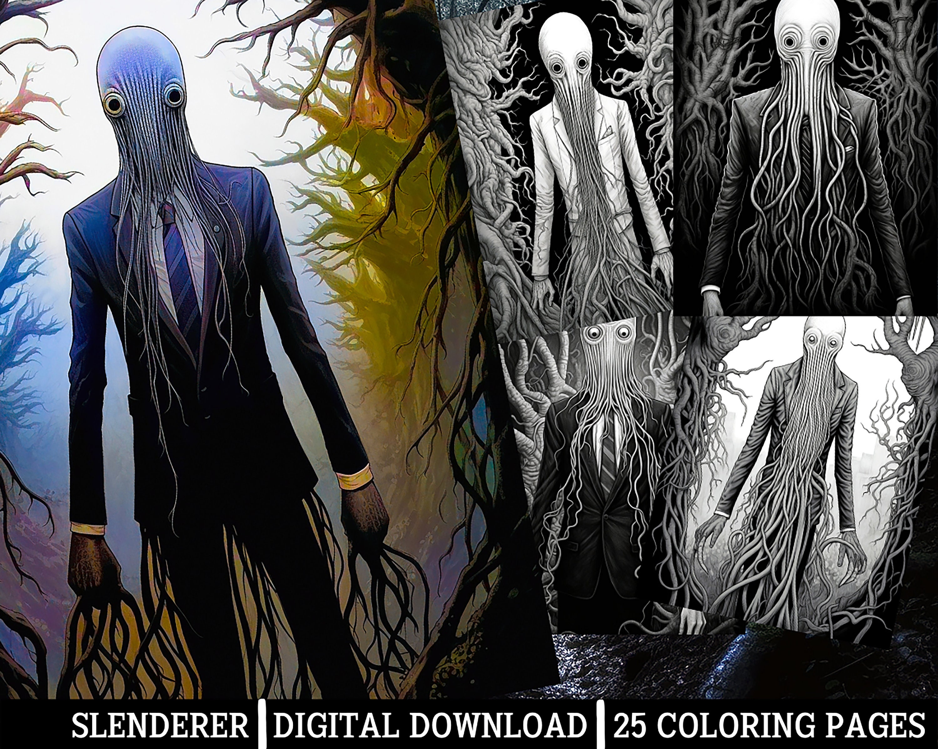 Slenderer coloring pagesfor adults instant download grayscale coloring pageprintable pngjpeg coloring for adults horror themed artworks