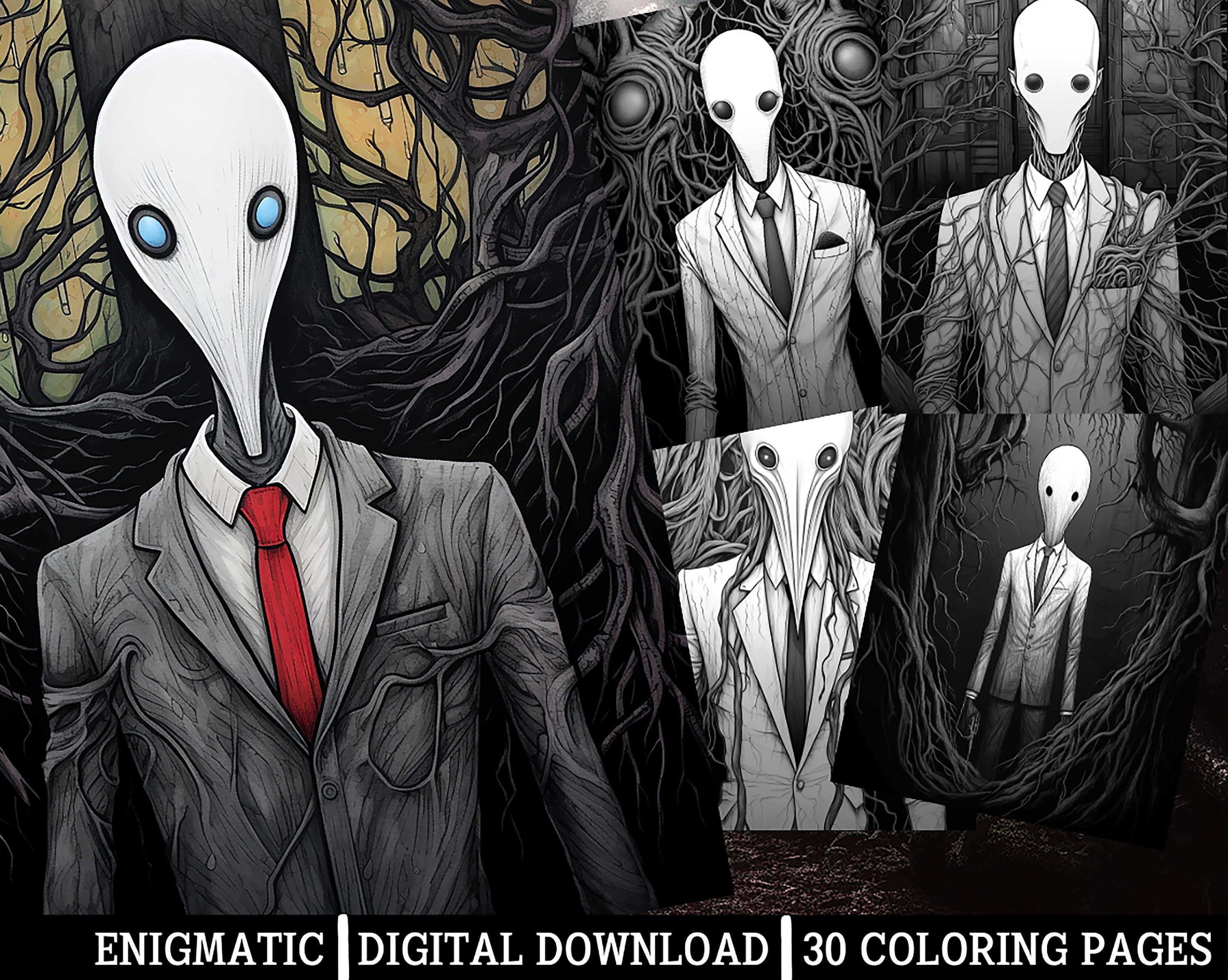 Enigmatic coloring pagesfor adults instant download grayscale coloring pageprintable pngjpeg coloring for adults horror themed artworks