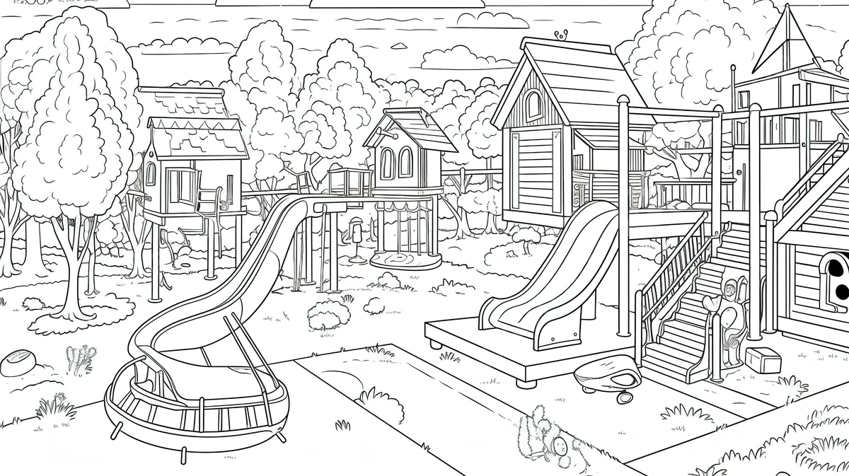 An coloring page by kdishop featuring a playground with a slide and a house and trees background playground coloring picture playground colorful background image and wallpaper for free download