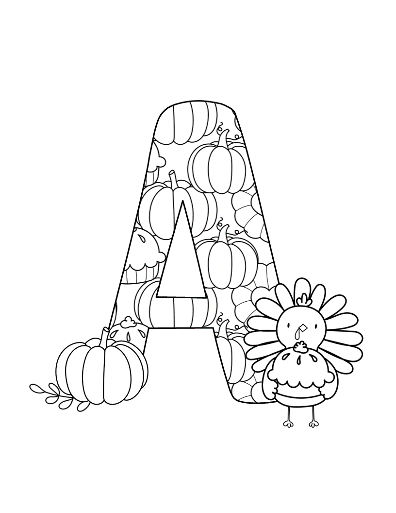 Fall turkey with pie monogram coloring pages â simply love plr