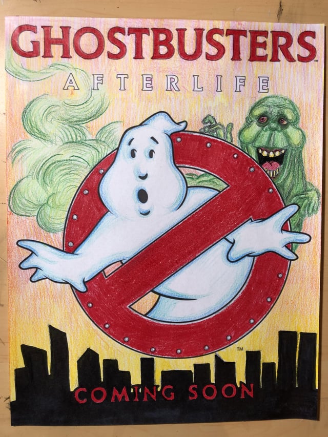 My entry for some coloring page contest at a local movie theaterâ i added in slimer and the city silhouette done in colored pencil rghostbusters