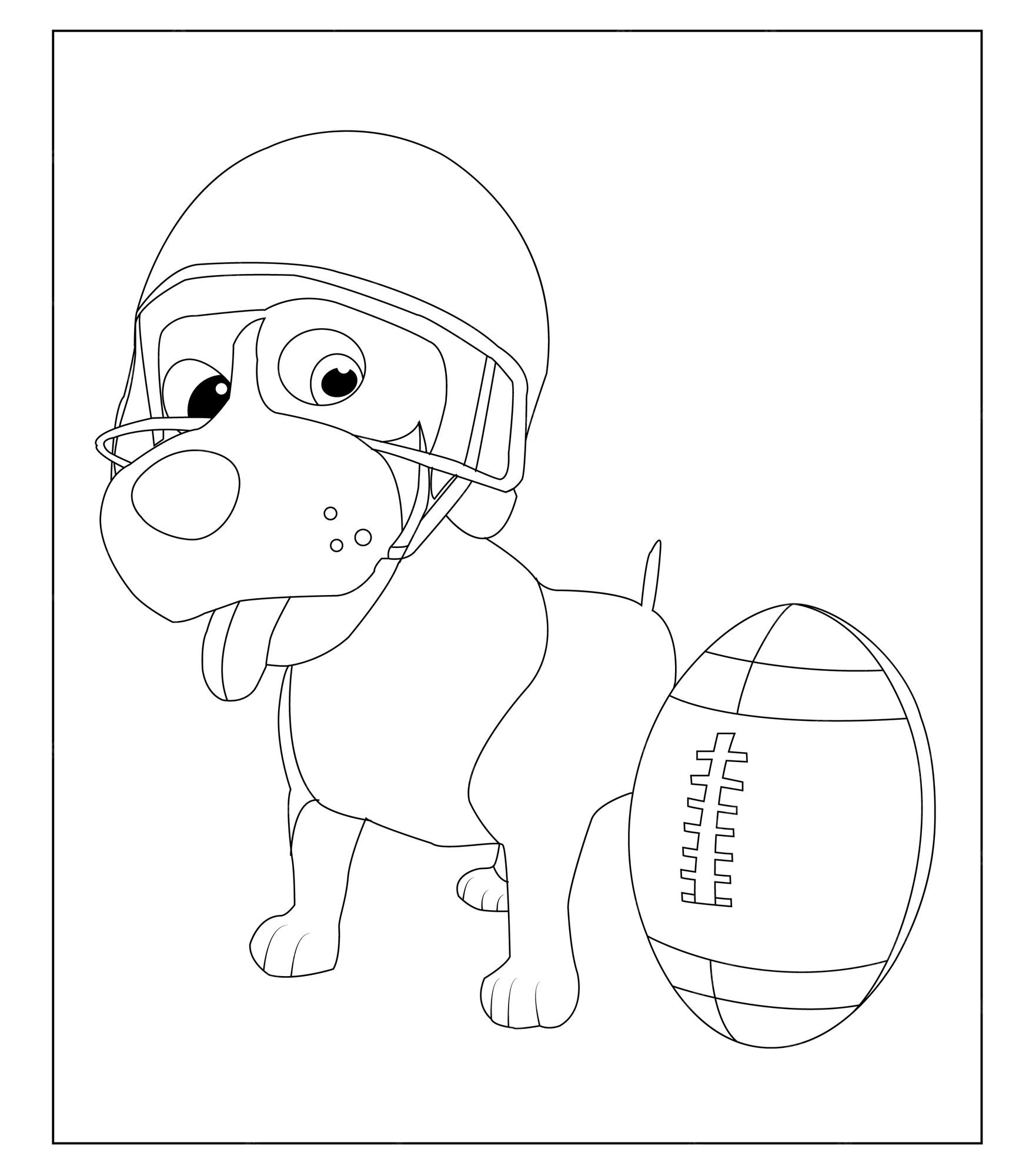 Premium vector a dog wearing a helmet and a football ball coloring book page for kids and adults