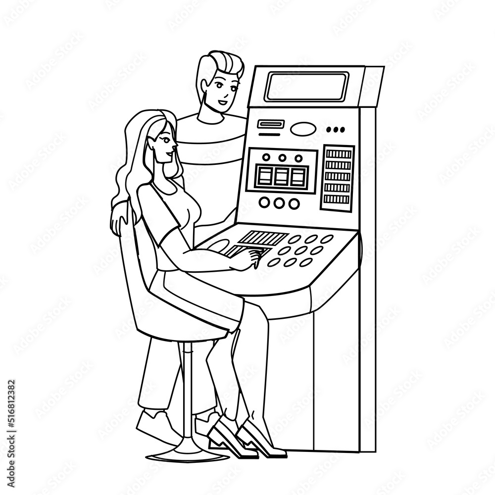 Playing casino vector table slot game happy player gambler winner playing casino character people black line pencil drawing vector illustration vector