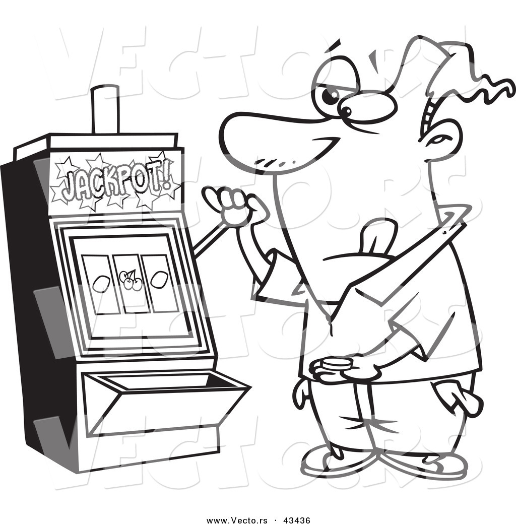 R of a cartoon man playing a casino slot machine