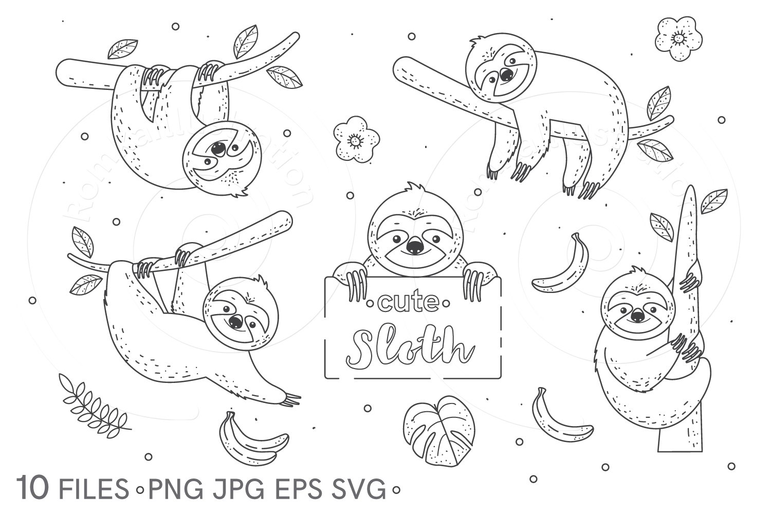 Clip art cute sloths coloring page digital stamp