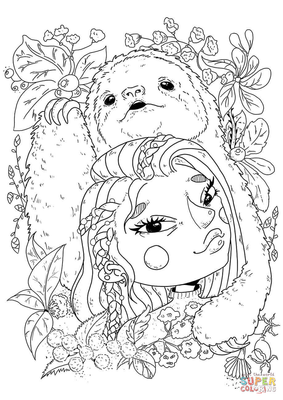 A girl with a sloth coloring page free printable coloring pages