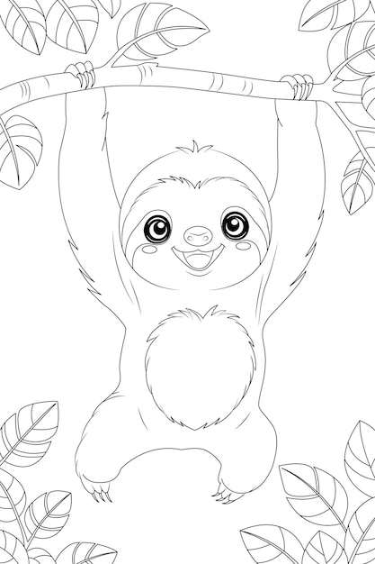 Premium vector coloring page a smiling sloth hanging from a tree branch