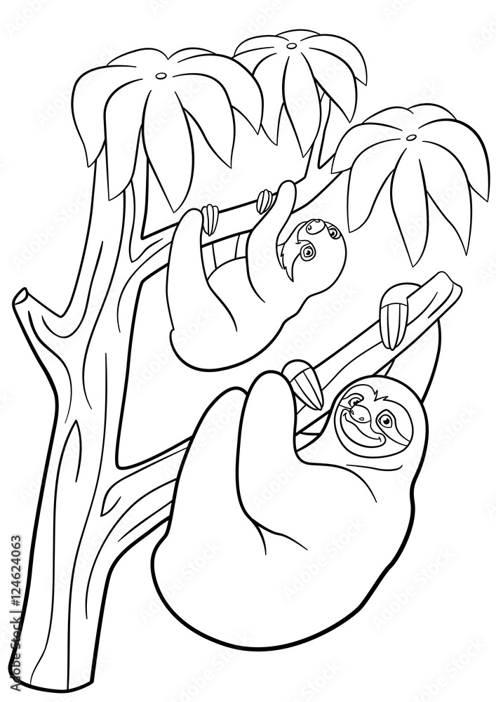 Coloring pages mother sloth with her little cute baby vector