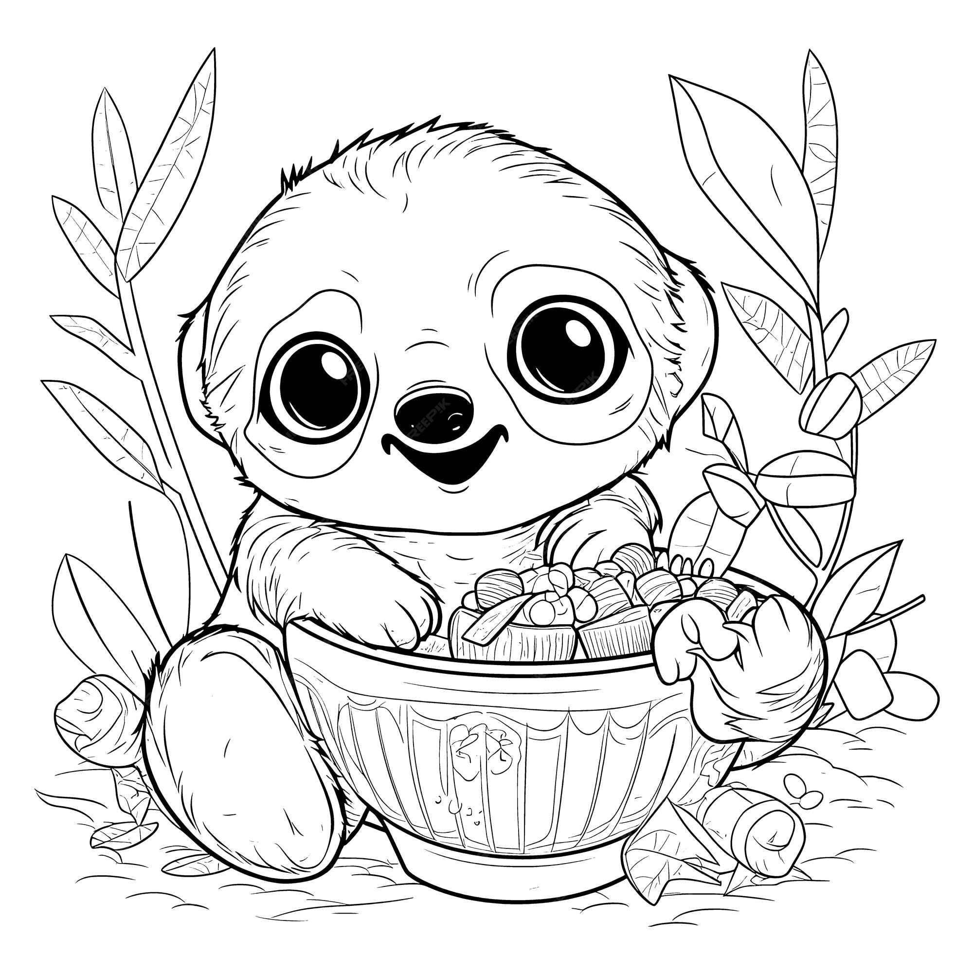 Premium vector sloth black and white coloring pages for kids simple lines cartoon style happy cute funny animal in the world