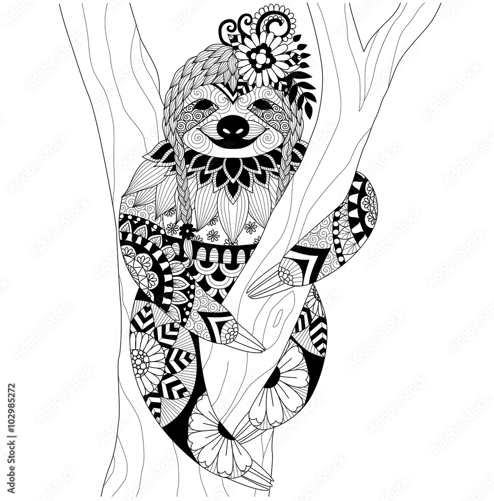 Sloth zentangle design for coloring book for adult and other decorations vector