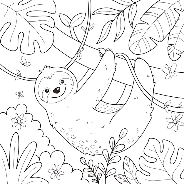 Premium vector cute sloth in forest coloring page