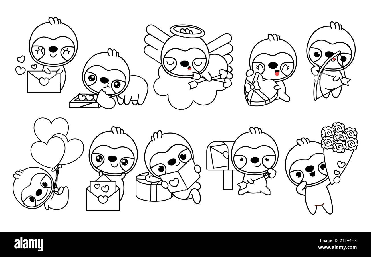 Collection of vector kawaii sloth coloring page in love set of isolated cartoon baby sloth outline stock vector image art