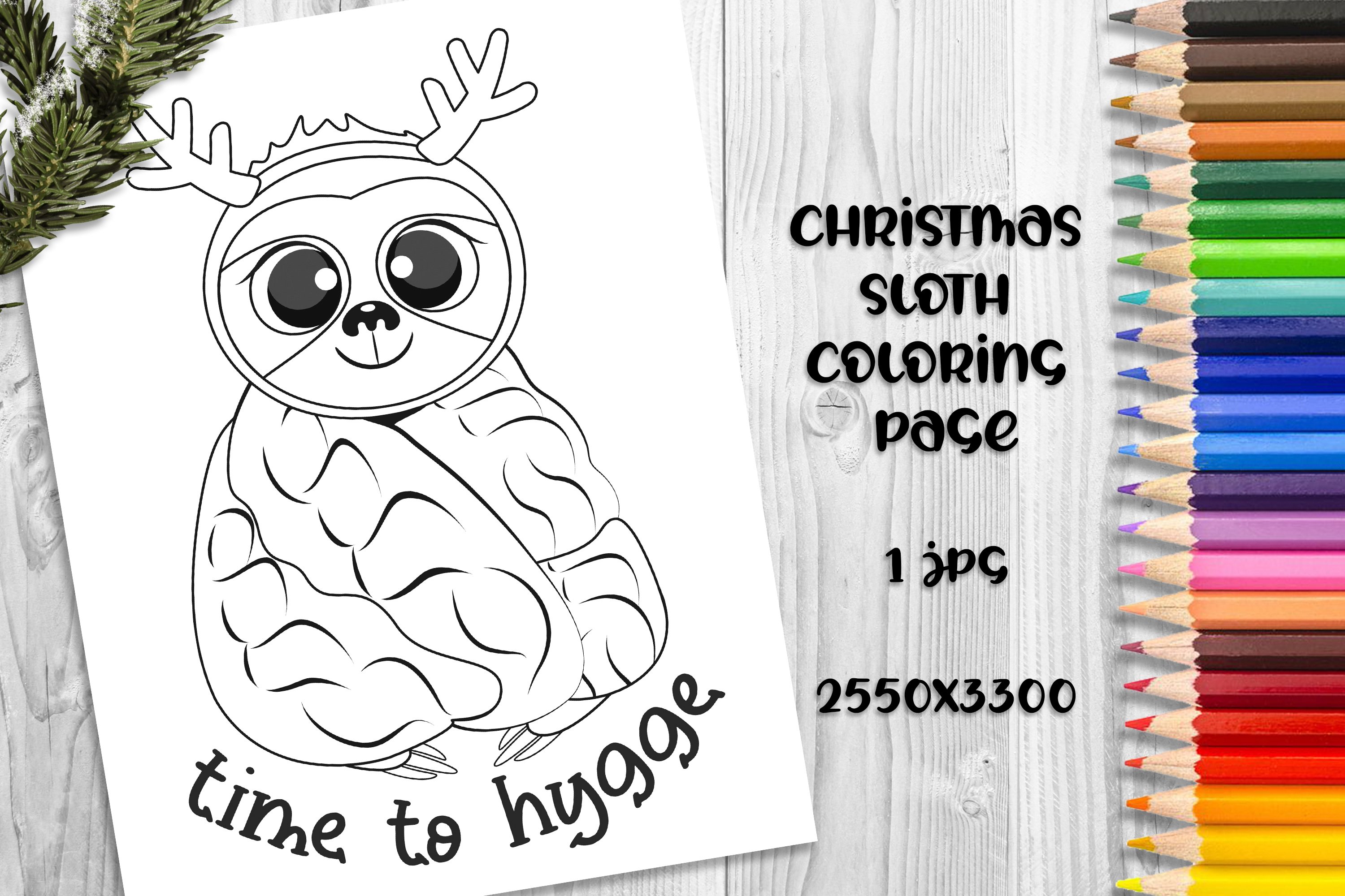 Cute christmas sloth coloring book page for kids