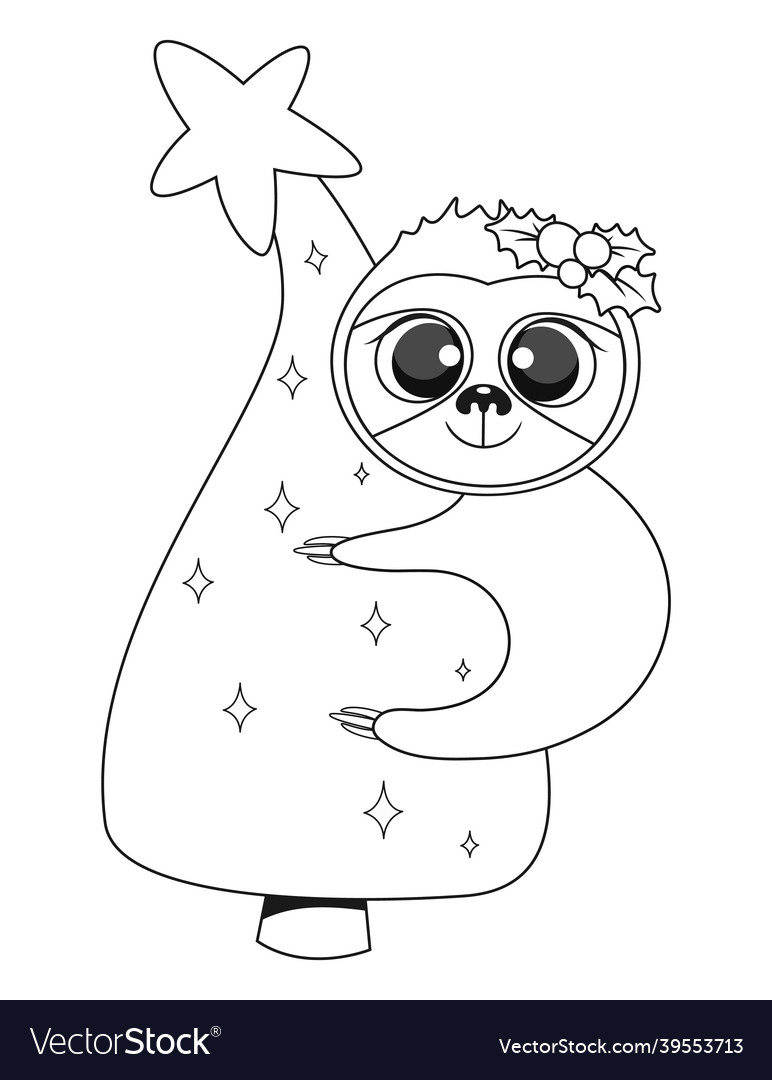 Christmas baby sloth colouring book page vector image