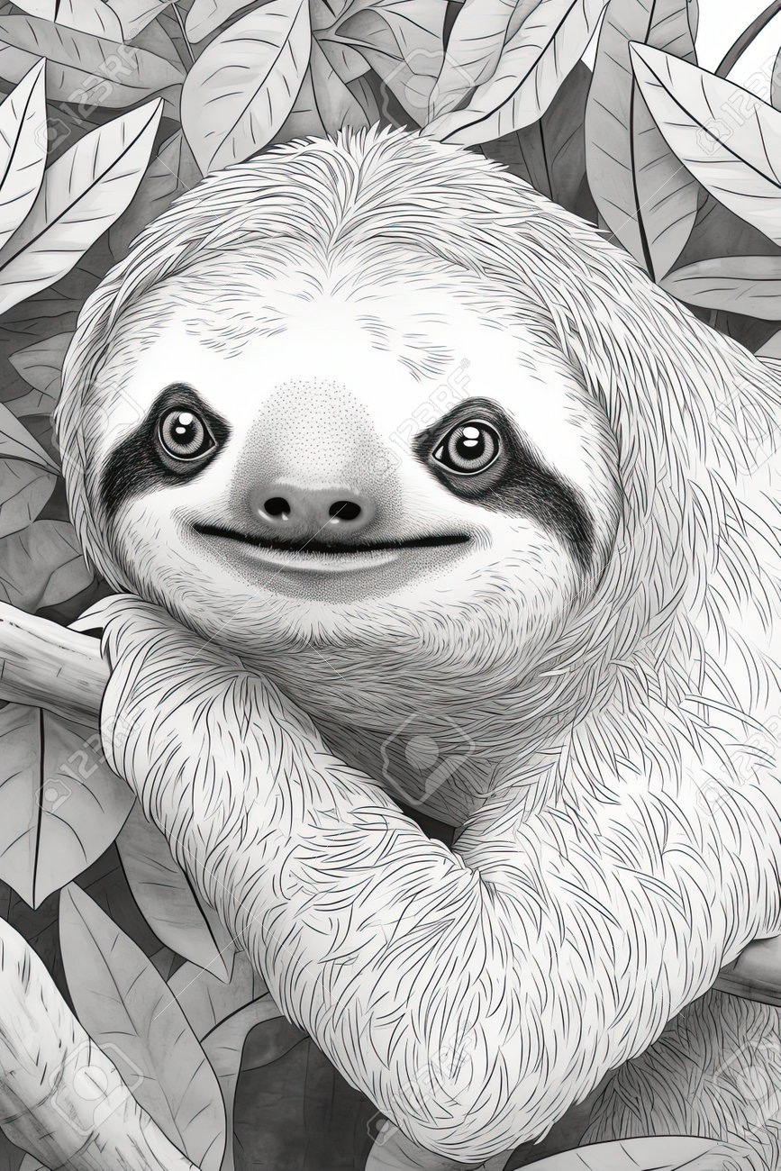 Coloring book page for kids sloth isolated on white background black and white stock photo picture and royalty free image image