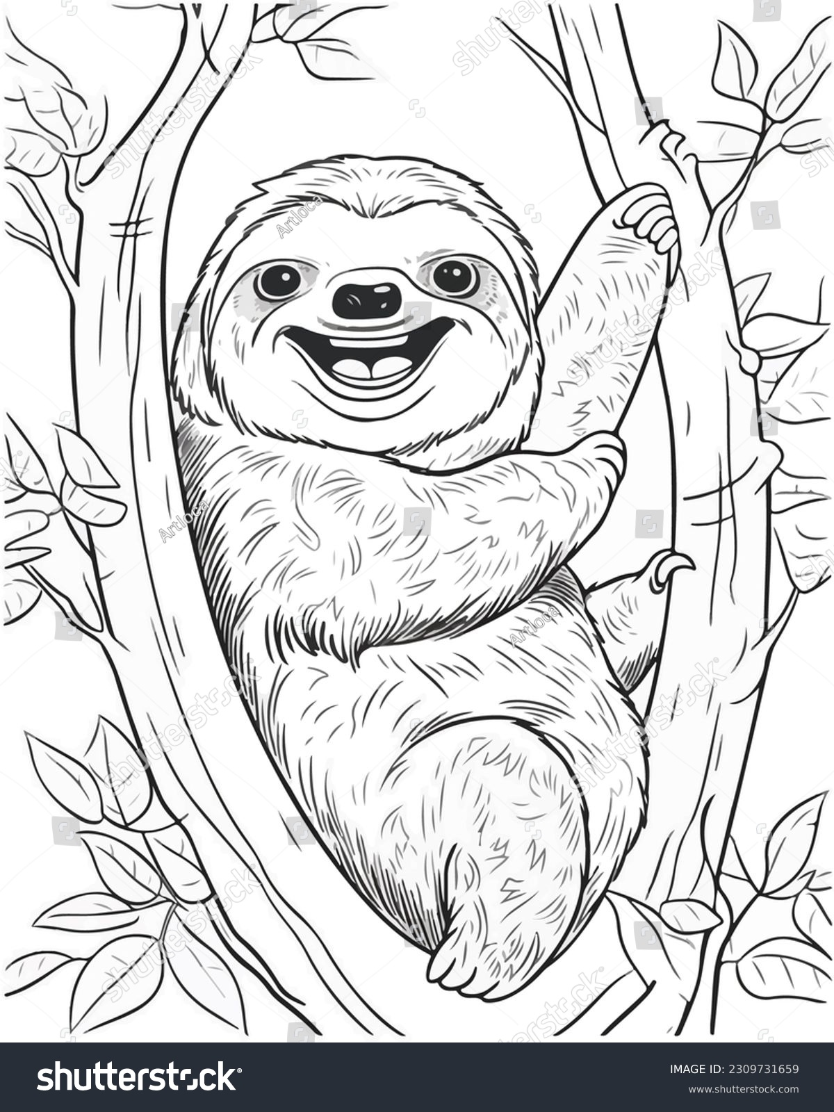 Sloth illustration coloring book black white stock illustration