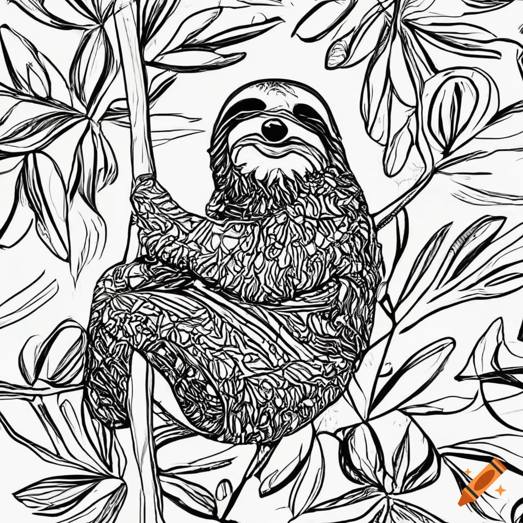 Black and white sloth coloring page on