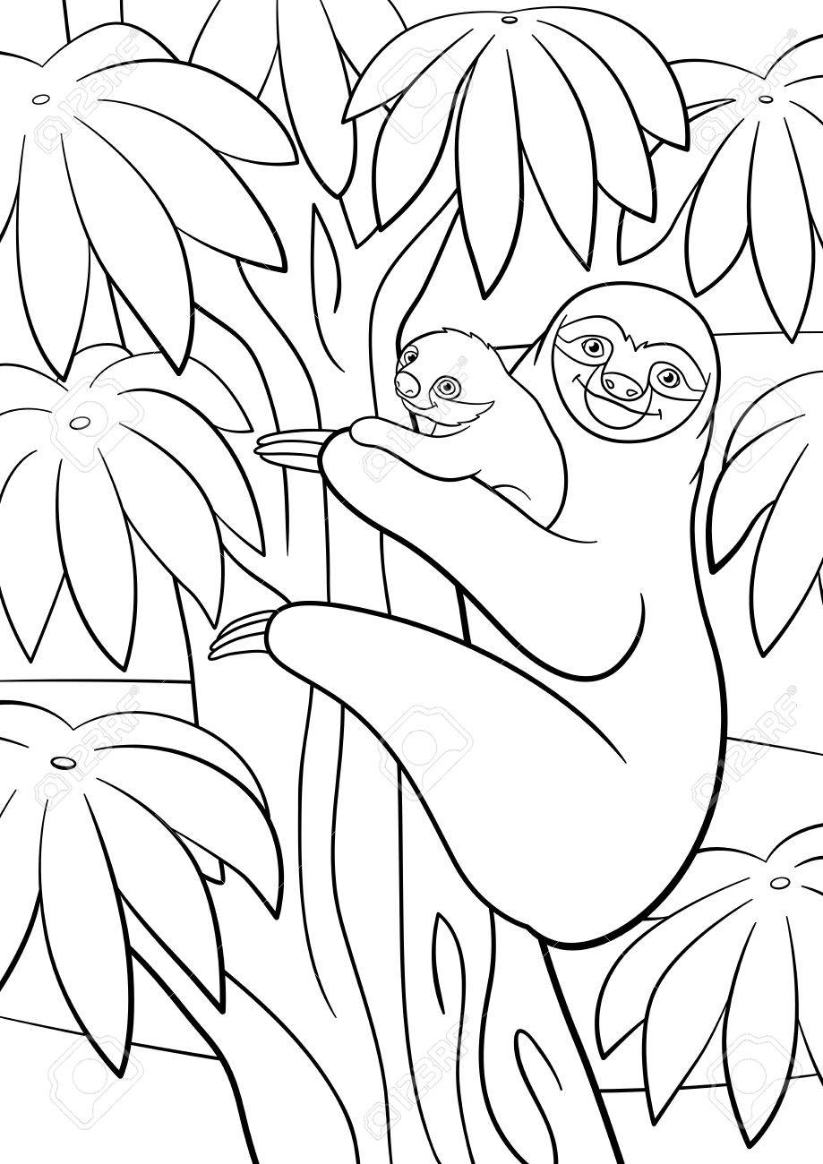 Coloring pages mother sloth with her little cute baby hangs on the tree and smiles royalty free svg cliparts vectors and stock illustration image