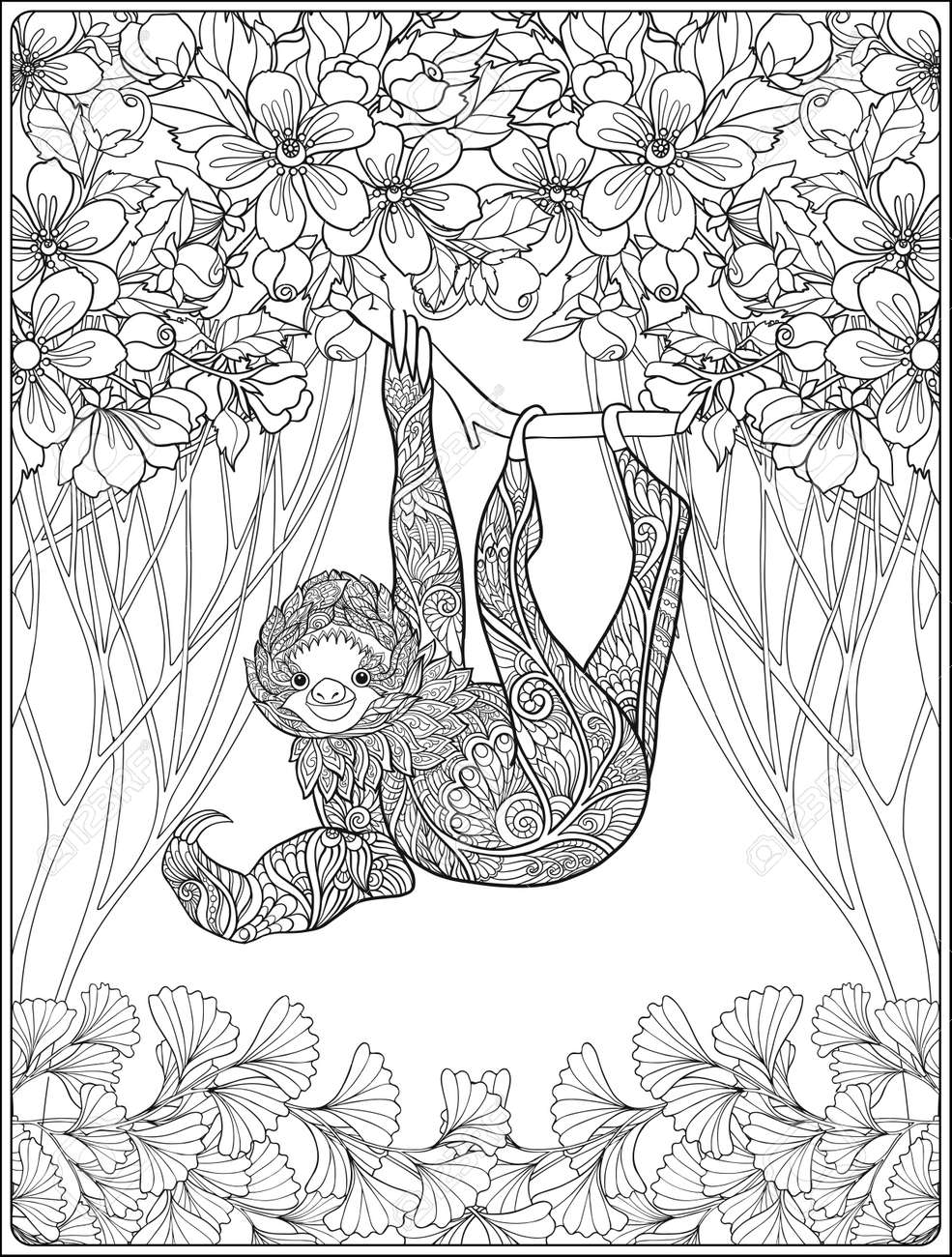 Coloring page with lovely sloth in forest coloring book for adult and older children vector illustration outline drawing royalty free svg cliparts vectors and stock illustration image